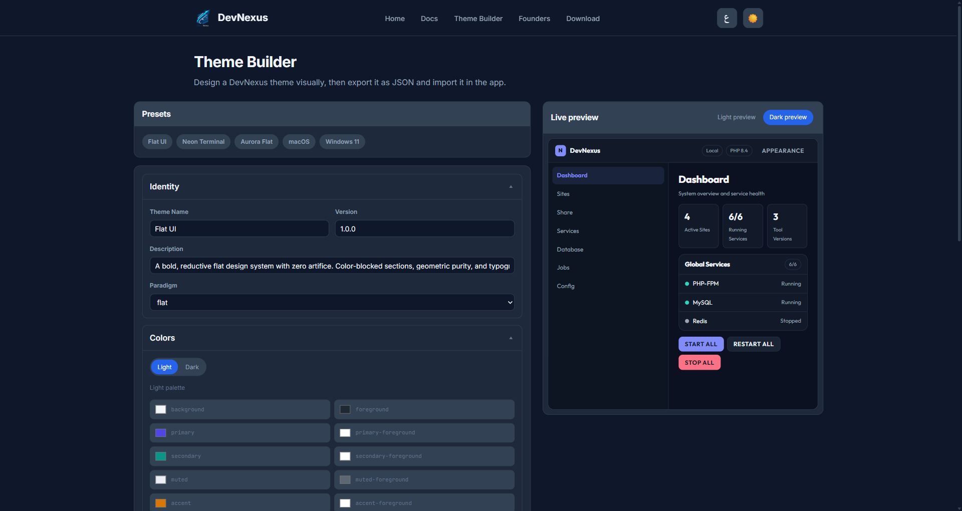 The DevNexus Theme Builder website with preset themes, the editing form and a live app preview