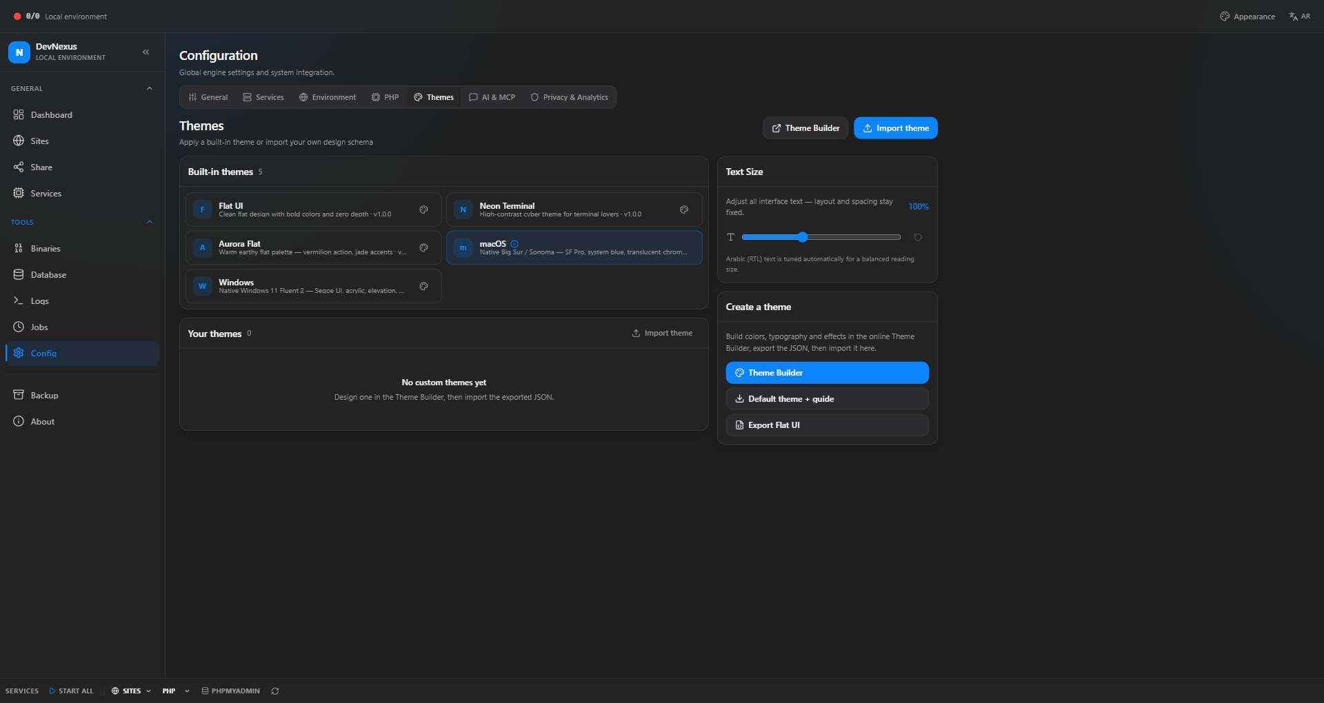 DevNexus Themes page rendered with the macOS theme: SF Pro typography, translucent chrome and layered shadows