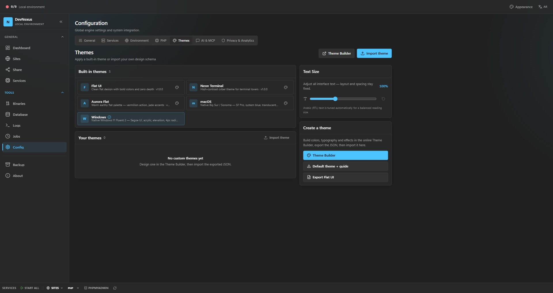 DevNexus Themes page rendered with the Windows theme: Segoe UI typography, acrylic surfaces and 4px radii