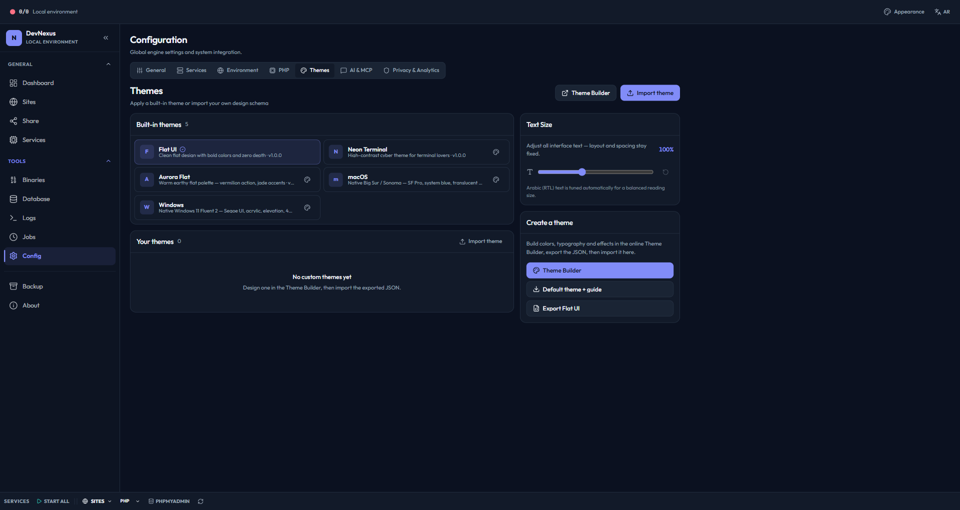 Themes page in DevNexus listing the five built-in themes, the text size slider and the theme import actions